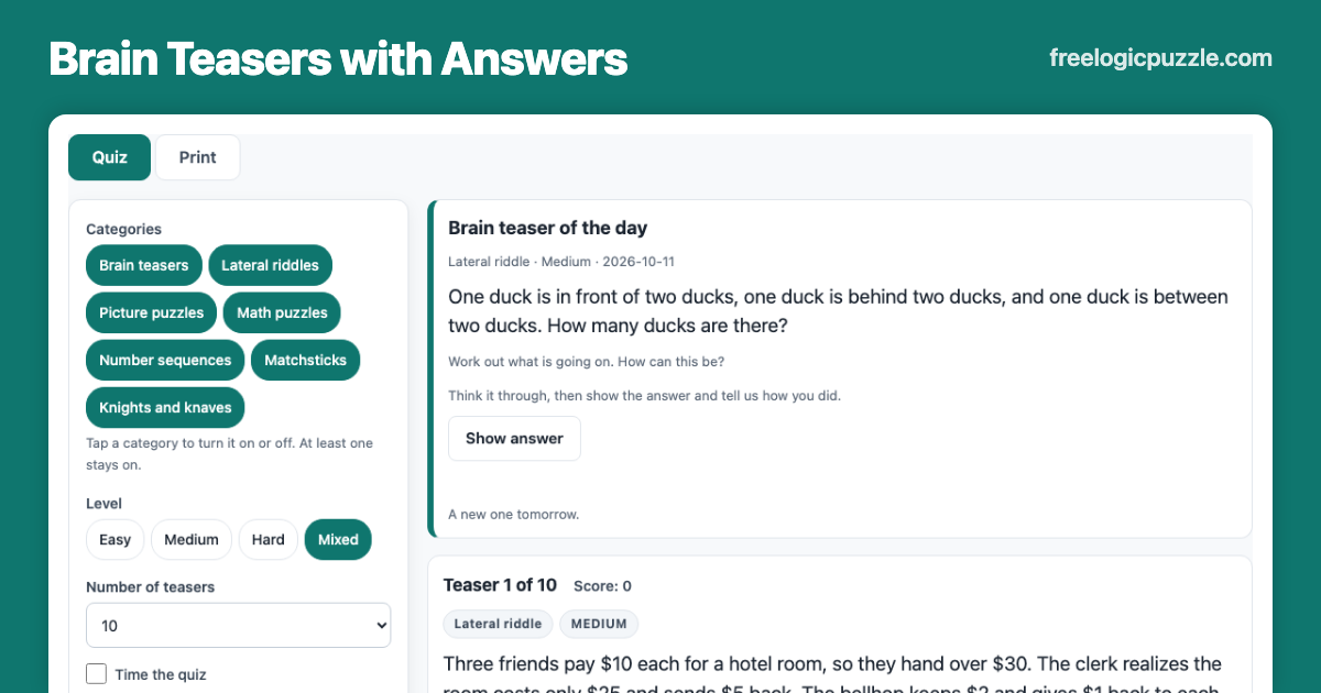 Brain Teasers with Answers – Quiz and Printable Sheets
